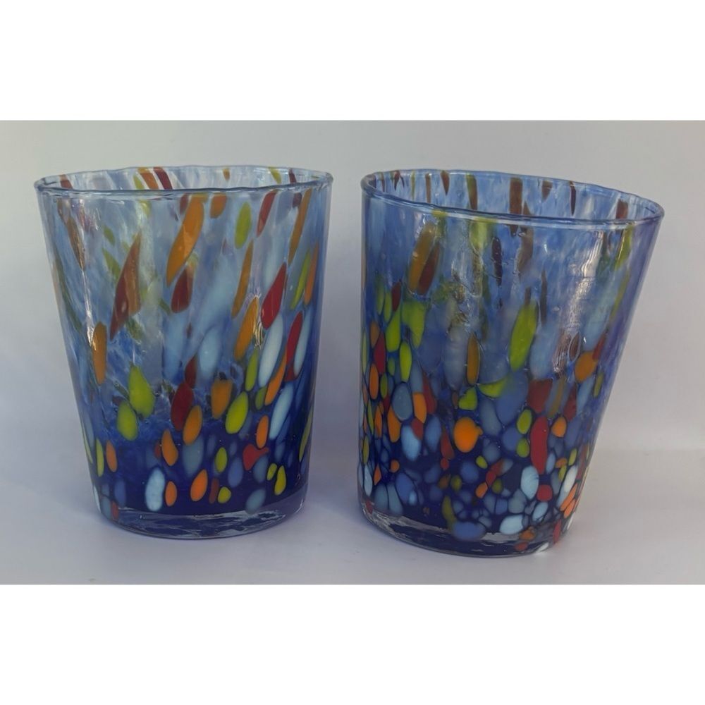 Vintage Murano  Murrine Multicolor Handblown Glass Tumblers ~ Set of 2 - Picture 2 of 8